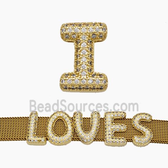 Copper Watchband Beads Pave Zirconia Letter-I Flat Hole Gold Plated