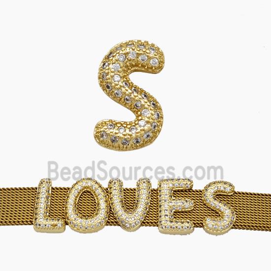 Copper Watchband Beads Pave Zirconia Letter-S Flat Hole Gold Plated