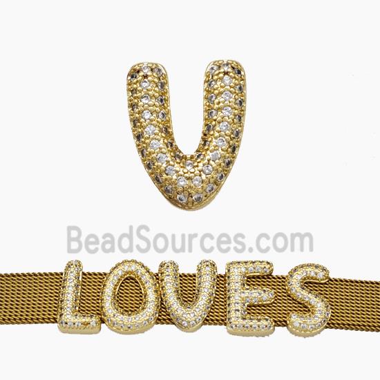 Copper Watchband Beads Pave Zirconia Letter-V Flat Hole Gold Plated