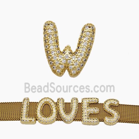 Copper Watchband Beads Pave Zirconia Letter-W Flat Hole Gold Plated