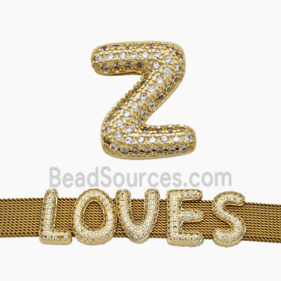 Copper Watchband Beads Pave Zirconia Letter-Z Flat Hole Gold Plated