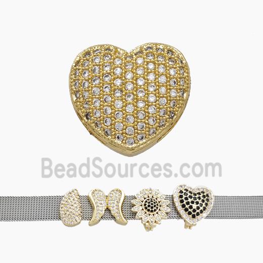 Copper Watchband Beads Pave Zirconia Heart Flat Hole Gold Plated