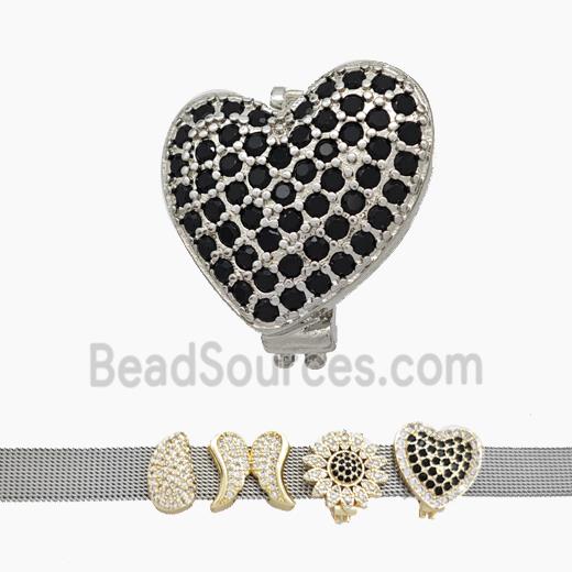 Copper Watchband Beads Pave Zirconia Heart Flat Hole Platinum Plated