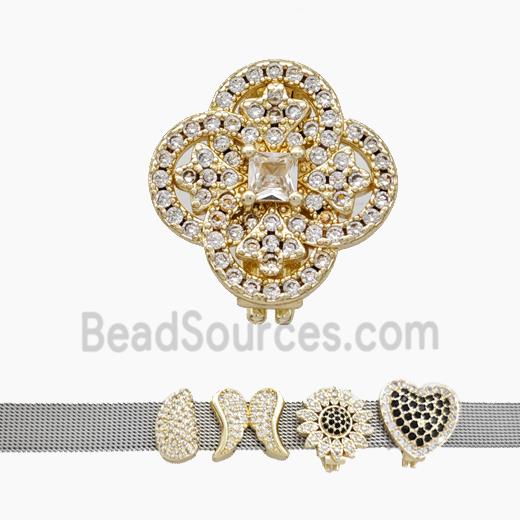 Copper Watchband Beads Pave Zirconia Clover Flat Hole Gold Plated