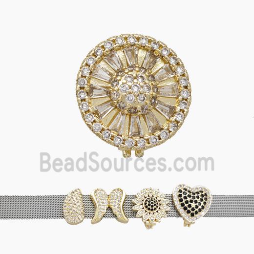 Copper Watchband Beads Pave Zirconia Flower Flat Hole Gold Plated