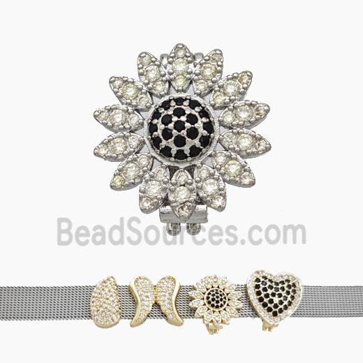 Copper Watchband Beads Pave Zirconia Sunflower Flat Hole Platinum Plated