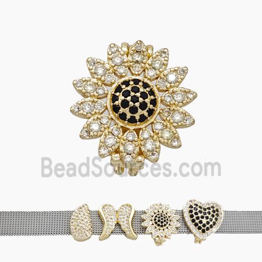 Copper Watchband Beads Pave Zirconia Sunflower Flat Hole Gold Plated