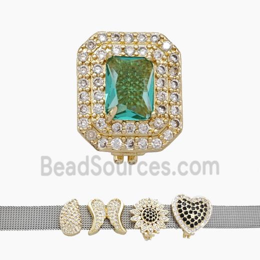 Copper Watchband Beads Pave Zirconia Rectangle Flat Hole Gold Plated