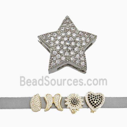 Copper Watchband Beads Pave Zirconia Star Flat Hole Platinum Plated