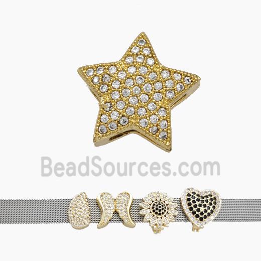 Copper Watchband Beads Pave Zirconia Star Flat Hole Gold Plated