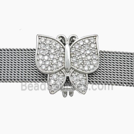 Copper Watchband Beads Pave Zirconia Butterfly Flat Hole Platinum Plated