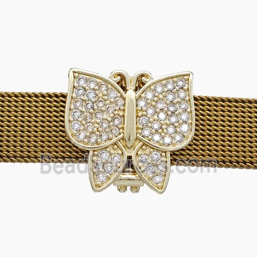 Copper Watchband Beads Pave Zirconia Butterfly Flat Hole Gold Plated