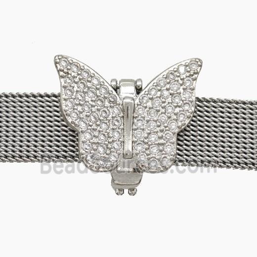 Copper Watchband Beads Pave Zirconia Butterfly Flat Hole Platinum Plated