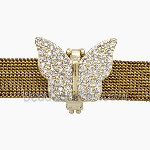 Copper Watchband Beads Pave Zirconia Butterfly Flat Hole Gold Plated