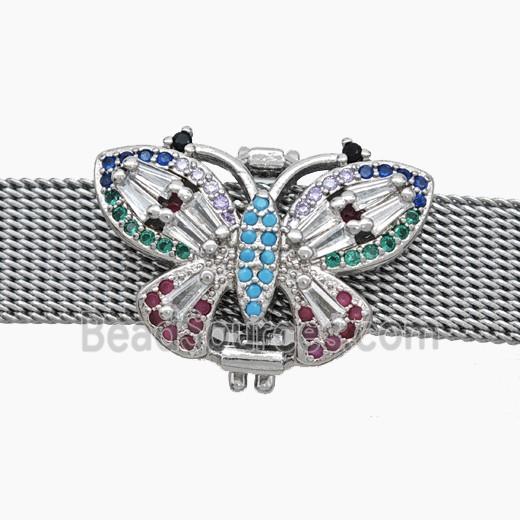 Copper Watchband Beads Pave Zirconia Butterfly Flat Hole Platinum Plated