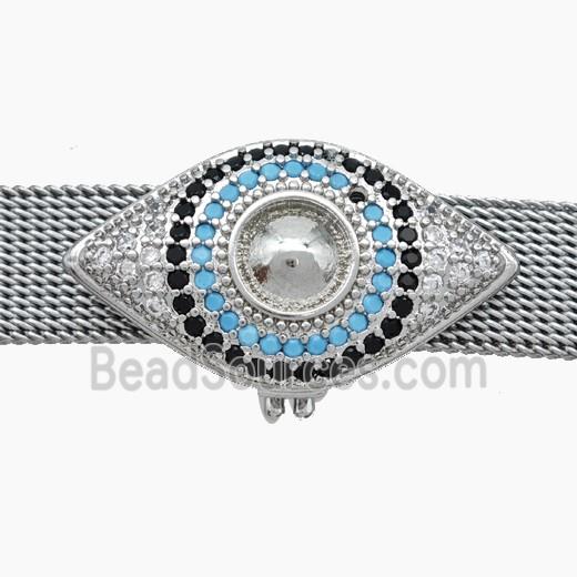 Copper Watchband Beads Pave Zirconia Eye Flat Hole Platinum Plated