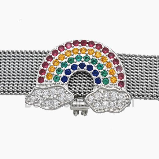 Copper Watchband Beads Pave Zirconia Rainbow Flat Hole Platinum Plated