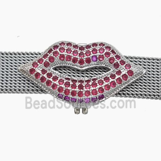 Copper Watchband Beads Pave Zirconia Lips Flat Hole Platinum Plated