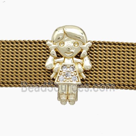 Copper Watchband Beads Pave Zirconia Kids Girl Flat Hole Gold Plated