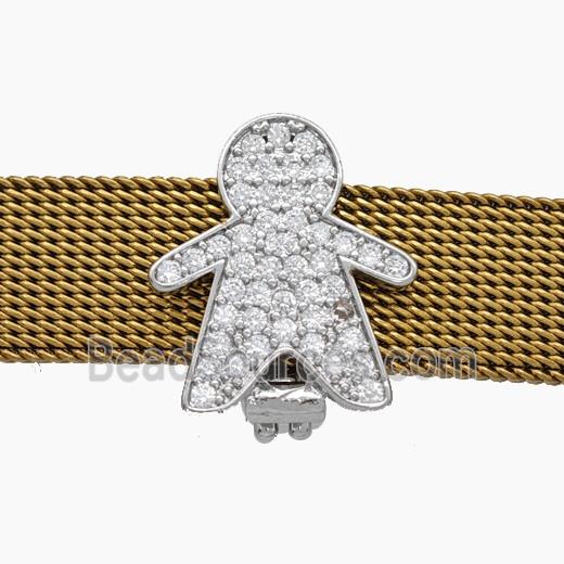 Copper Watchband Beads Pave Zirconia Kids Boy Flat Hole Platinum Plated