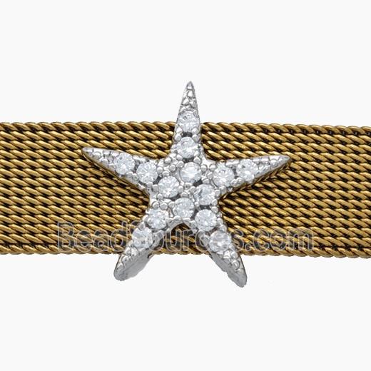 Copper Watchband Beads Pave Zirconia Star Flat Hole Platinum Plated