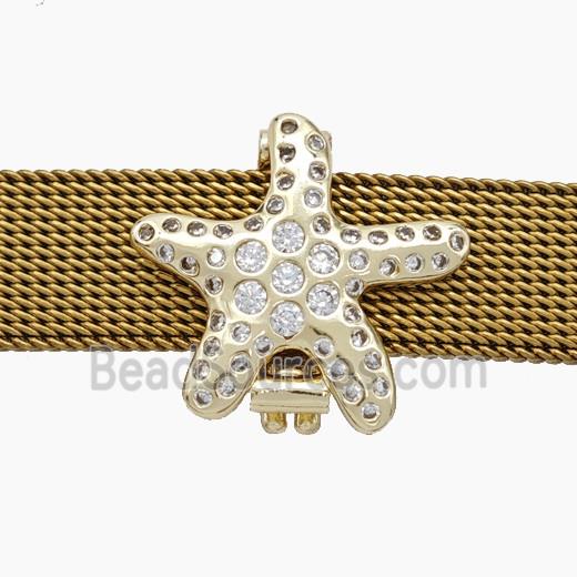 Copper Watchband Beads Pave Zirconia Starfish Flat Hole Gold Plated