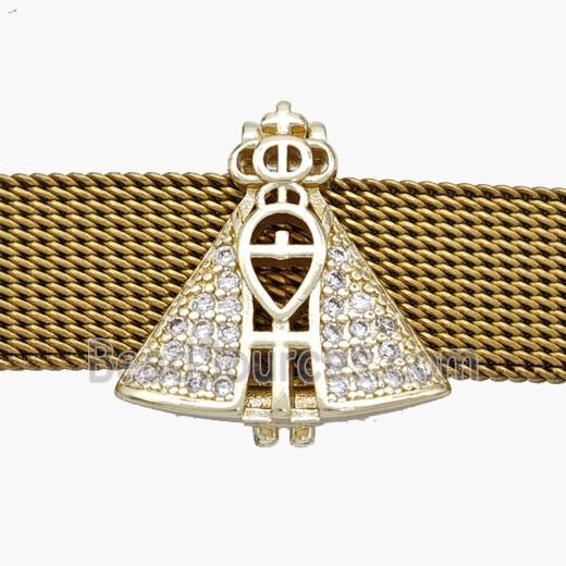 Copper Watchband Beads Pave Zirconia Catholic Cross Crown Flat Hole Gold Plated