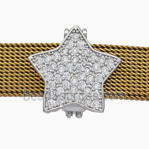 Copper Watchband Beads Pave Zirconia Star Flat Hole Platinum Plated