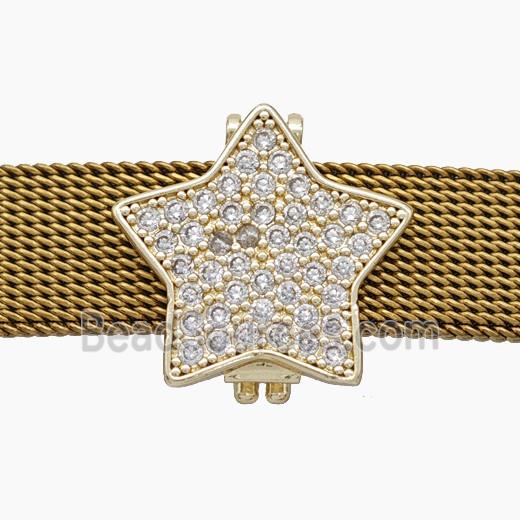 Copper Watchband Beads Pave Zirconia Star Flat Hole Gold Plated