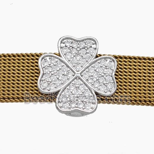 Copper Watchband Beads Pave Zirconia Heart Clover Flat Hole Platinum Plated