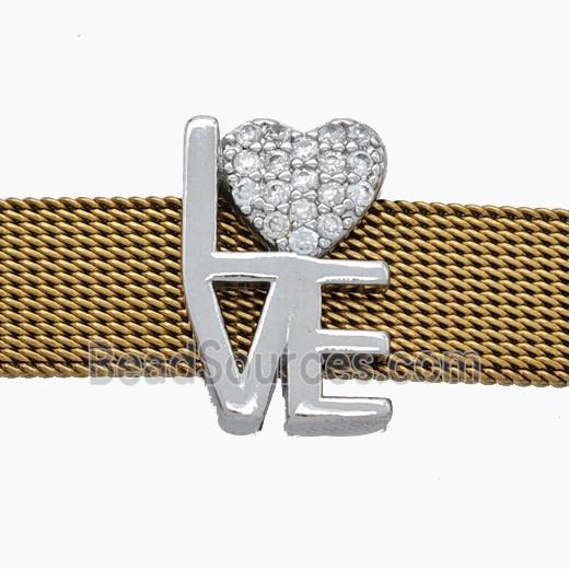 Copper Watchband Beads Pave Zirconia LOVE Heart Flat Hole Platinum Plated