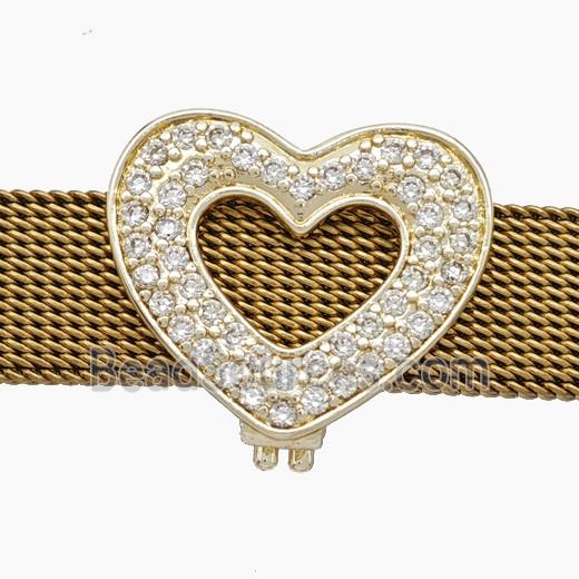 Copper Watchband Beads Pave Zirconia Heart Flat Hole Gold Plated