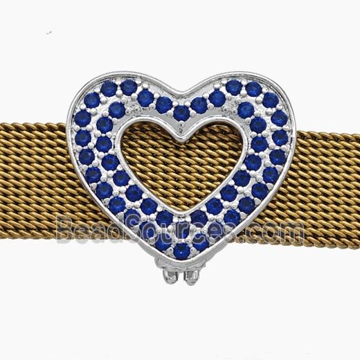 Copper Watchband Beads Pave Zirconia Heart Flat Hole Platinum Plated