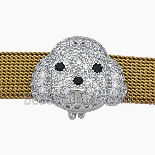 Copper Watchband Beads Pave Zirconia Dog-Head Flat Hole Platinum Plated