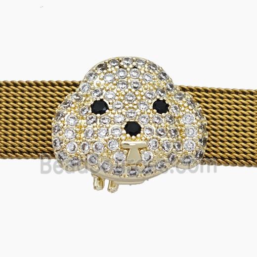 Copper Watchband Beads Pave Zirconia Dog-Head Flat Hole Gold Plated