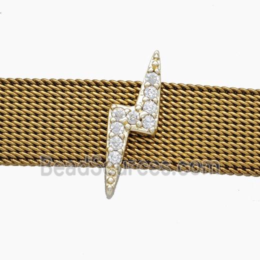 Copper Watchband Beads Pave Zirconia Lightning Flat Hole Gold Plated