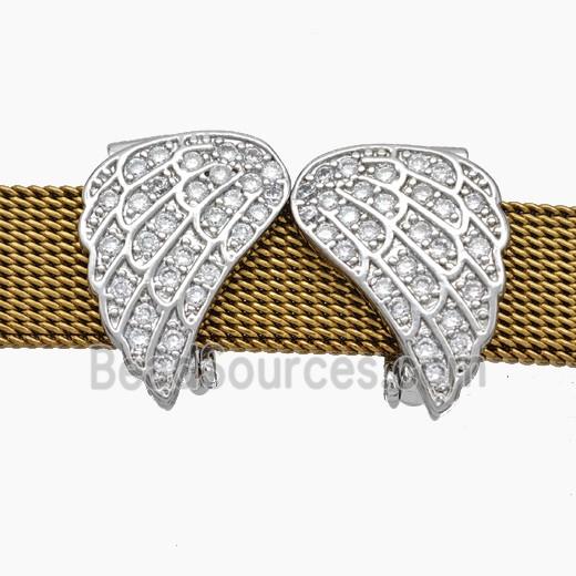 Copper Watchband Beads Pave Zirconia Angel Wings Flat Hole Platinum Plated