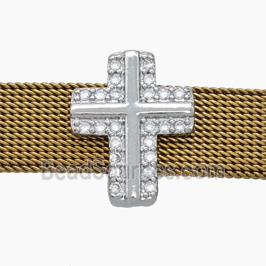 Copper Watchband Beads Pave Zirconia Cross Flat Hole Platinum Plated