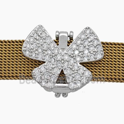 Copper Watchband Beads Pave Zirconia Butterfly Flat Hole Platinum Plated