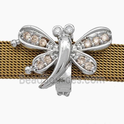 Copper Watchband Beads Pave Zirconia Dragonfly Flat Hole Platinum Plated