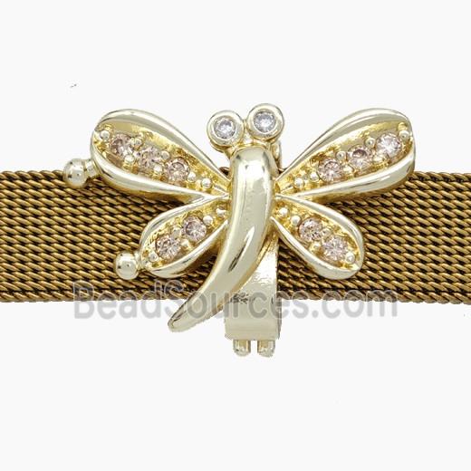 Copper Watchband Beads Pave Zirconia Dragonfly Flat Hole Gold Plated