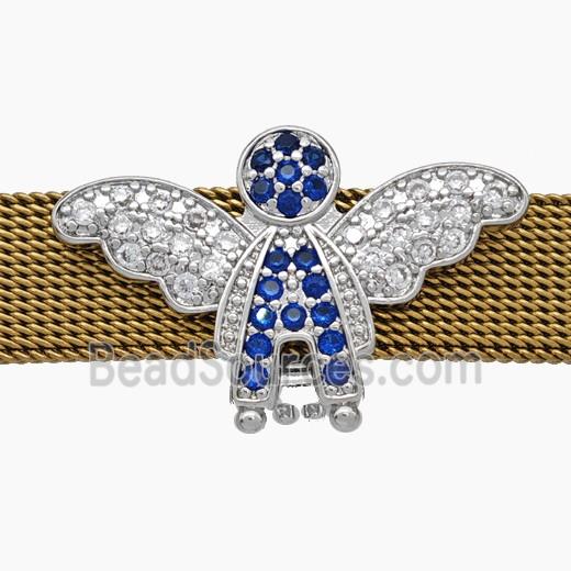 Copper Watchband Beads Pave Zirconia Angel Wings Flat Hole Platinum Plated