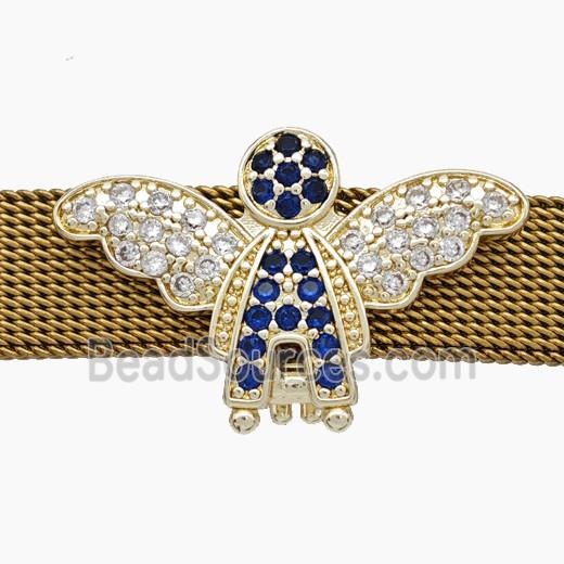 Copper Watchband Beads Pave Zirconia Angel Wings Flat Hole Gold Plated