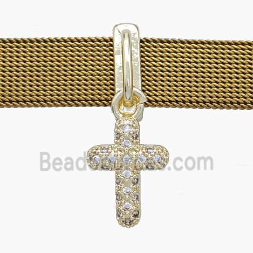 Copper Watchband Beads Pave Zirconia Cross Flat Hole Gold Plated