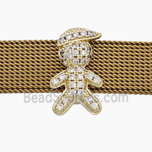 Copper Watchband Beads Pave Zirconia Kids Boy Flat Hole Gold Plated