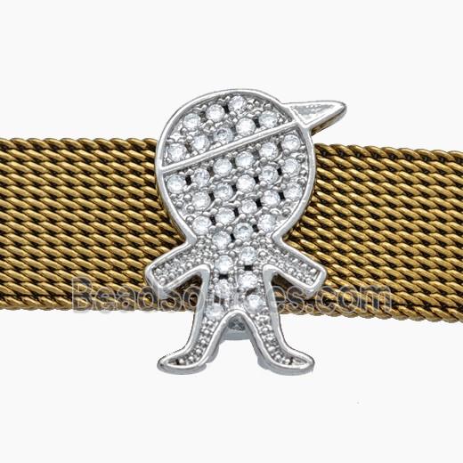 Copper Watchband Beads Pave Zirconia Kids Boy Flat Hole Platinum Plated