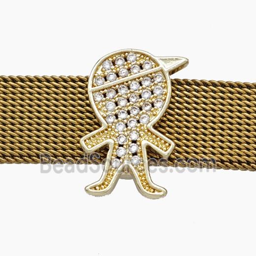 Copper Watchband Beads Pave Zirconia Kids Boy Flat Hole Gold Plated