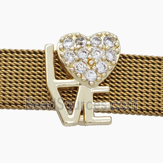 Copper Watchband Beads Pave Zirconia Heart LOVE Flat Hole Gold Plated