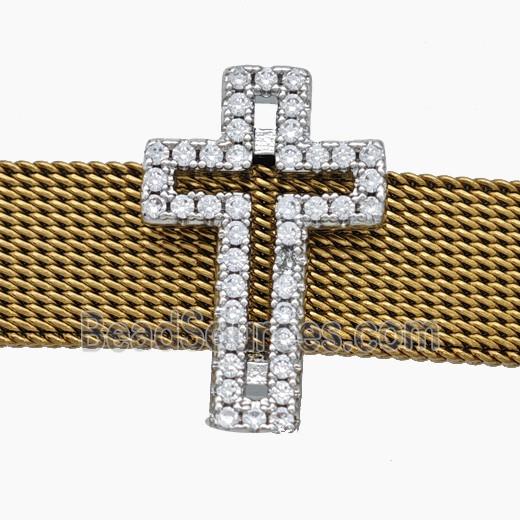 Copper Watchband Beads Pave Zirconia Cross Flat Hole Platinum Plated