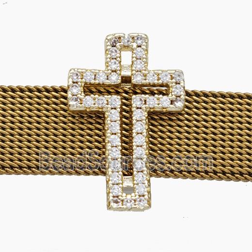 Copper Watchband Beads Pave Zirconia Cross Flat Hole Gold Plated